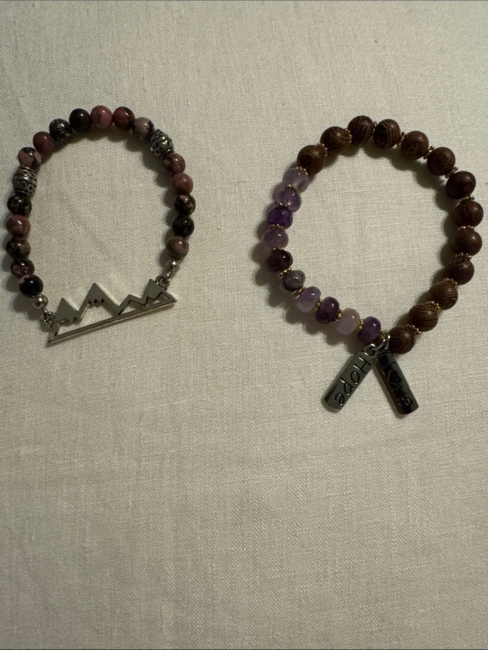 2 Genuine Beaded Mountain & Charm Stretch Bracelets - Pink, Purple, Brown